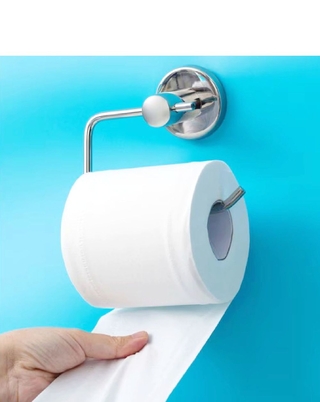 Toilet-paper-roll-on-holder-and-blue-wall